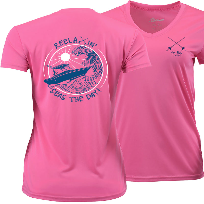 Ladies pink short sleeve V-neck performance dry-fit shirt with Reelaxin’ – Seas the Day logo on the back and Reel Fishy Salt Rods logo on the front.