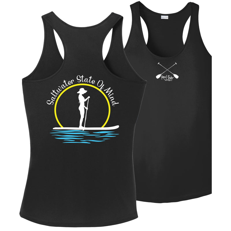 Women’s Black Dri-Fit Racerback Tank with Paddleboarder “Saltwater State of Mind” Logo