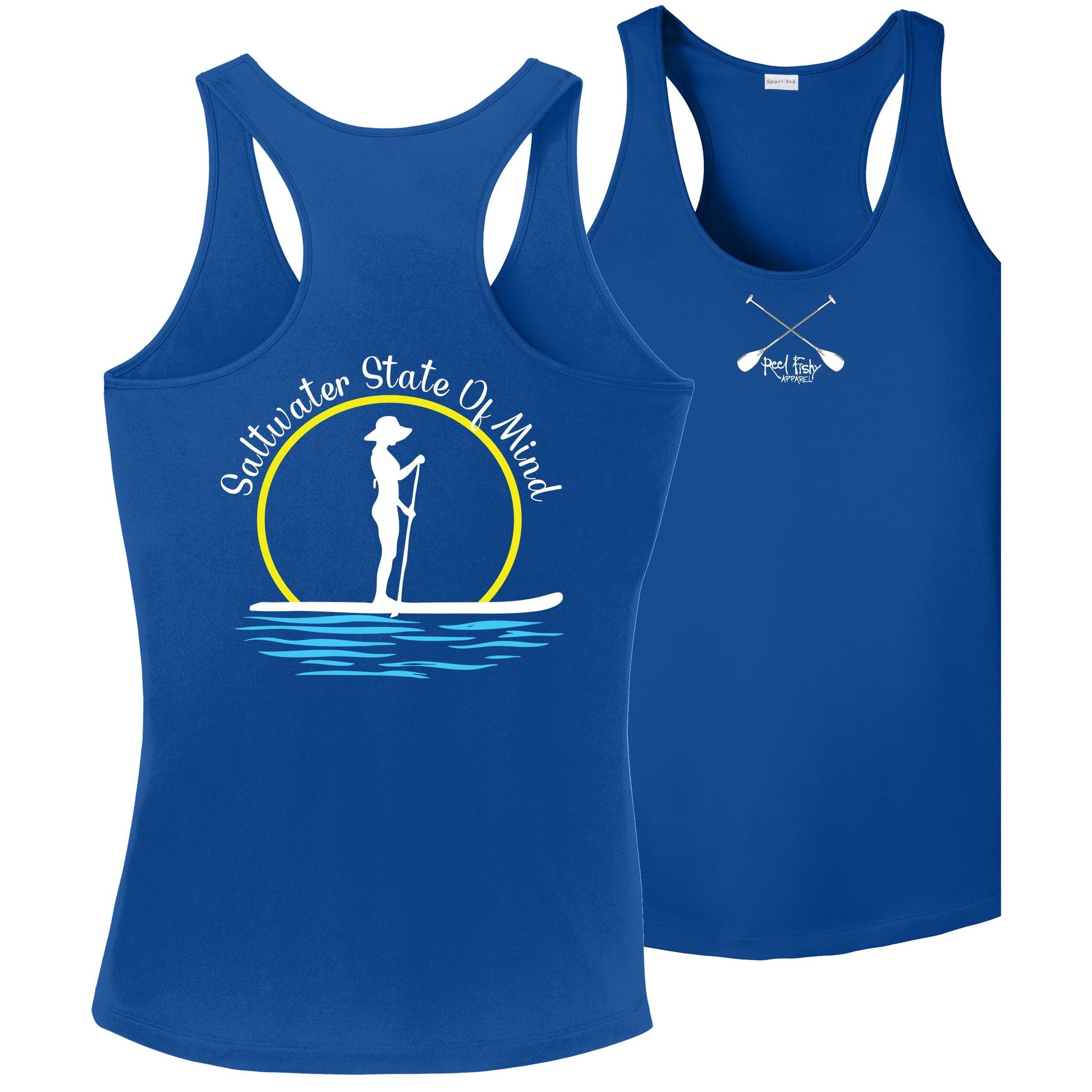 Women’s Royal Blue Dri-Fit Racerback Tank with Paddleboarder “Saltwater State of Mind” Logo