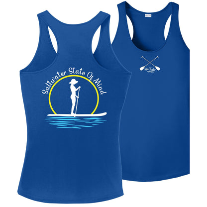 Women’s Royal Blue Dri-Fit Racerback Tank with Paddleboarder “Saltwater State of Mind” Logo