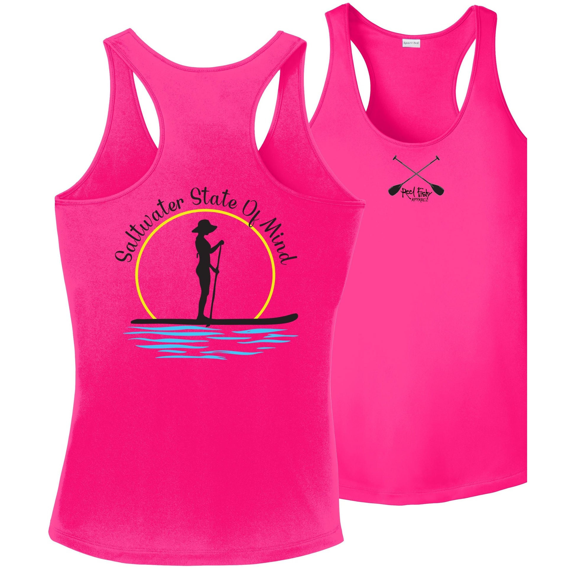 Women’s Pink Dri-Fit Racerback Tank with Paddleboarder “Saltwater State of Mind” Logo