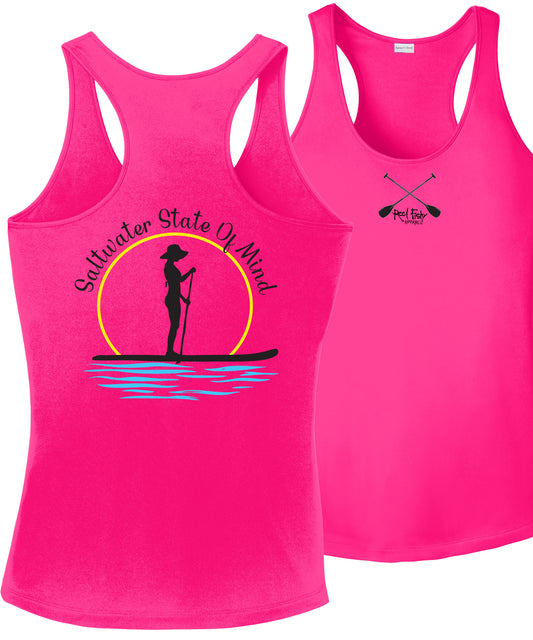 Women’s Pink Dri-Fit Racerback Tank with Paddleboarder “Saltwater State of Mind” Logo