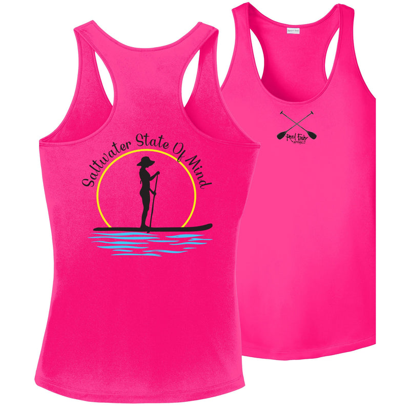 Women’s Pink Dri-Fit Racerback Tank with Paddleboarder “Saltwater State of Mind” Logo