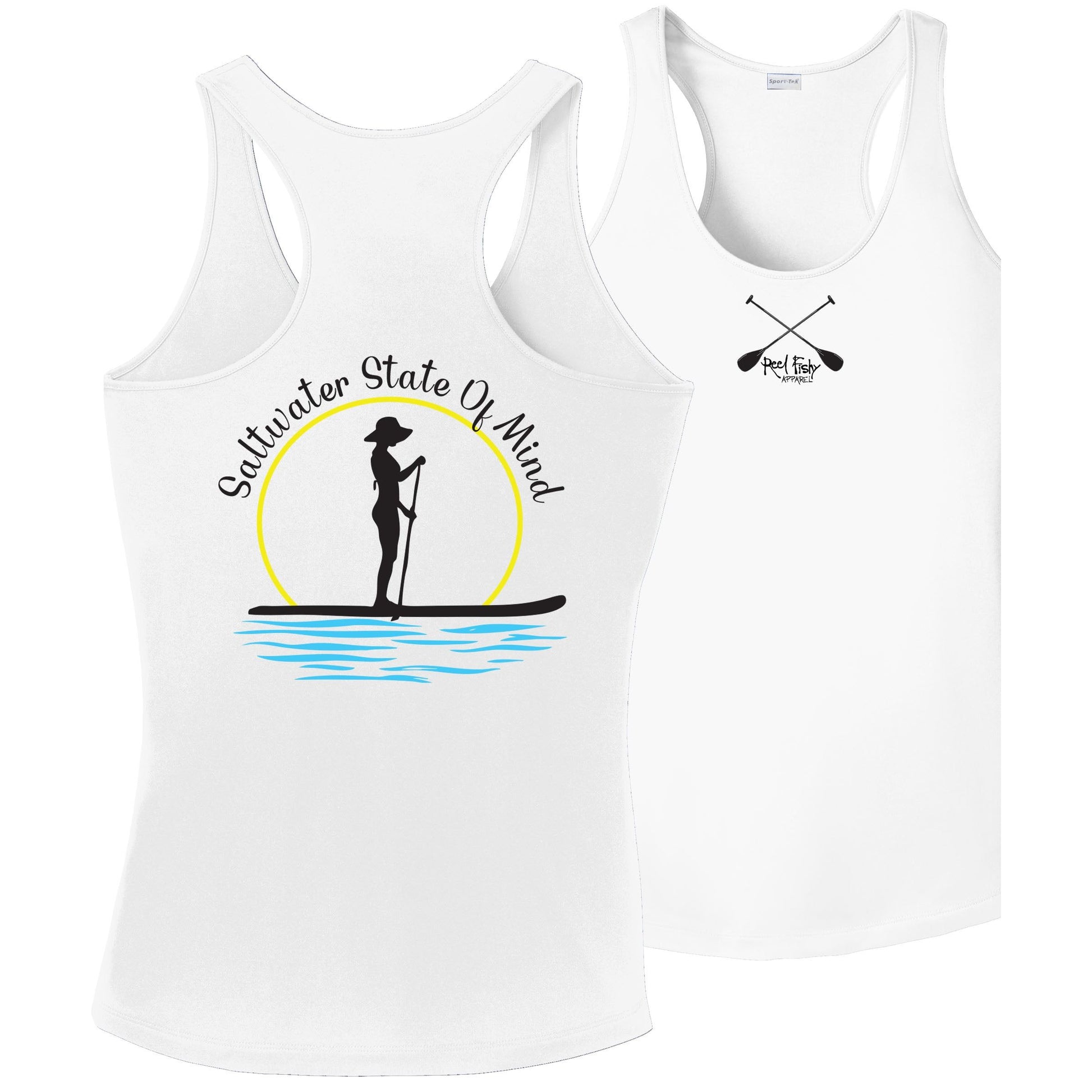 Women’s White Dri-Fit Racerback Tank with Paddleboarder “Saltwater State of Mind” Logo