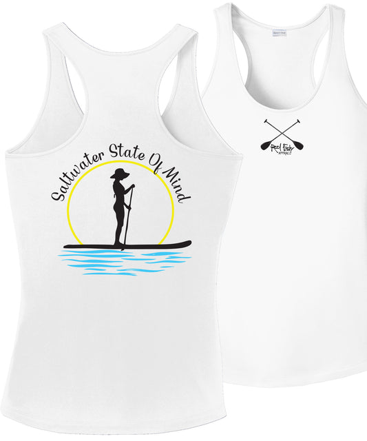 Women’s White Dri-Fit Racerback Tank with Paddleboarder “Saltwater State of Mind” Logo