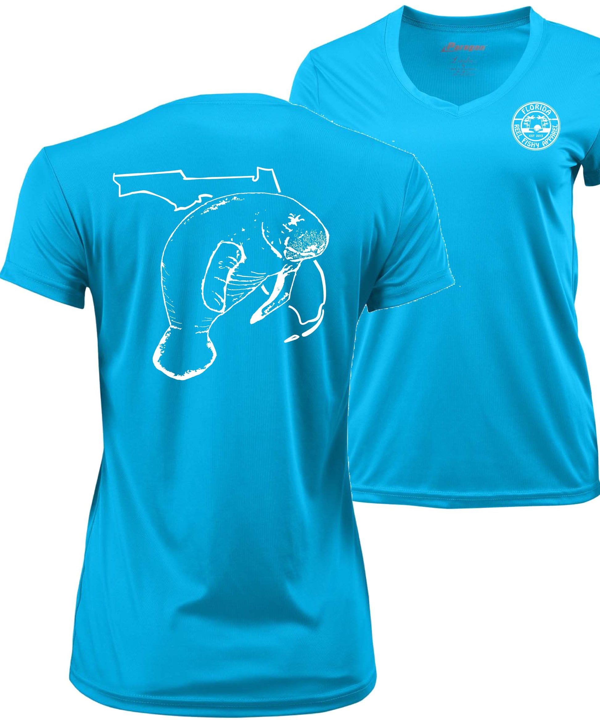 Women's Florida Manatee Performance V-Neck Long Sleeve Shirts - Reel Fishy Apparel 2XL / Ladies Turquoise V-Neck S/S