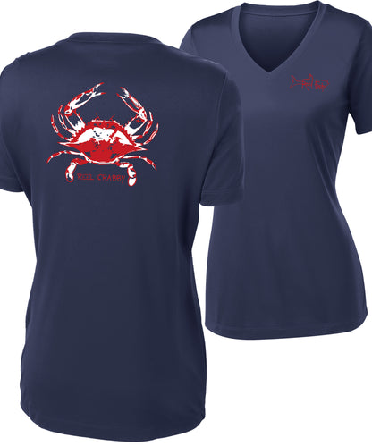 Blue Crab -Reel Crabby Ladies Performance Dry-fit V-neck Short Sleeve Shirt with 50+ UV Sun Protection in Navy