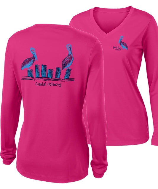 Ladies Pelicans Costal Distancing Performance V-neck Pink Long Sleeve