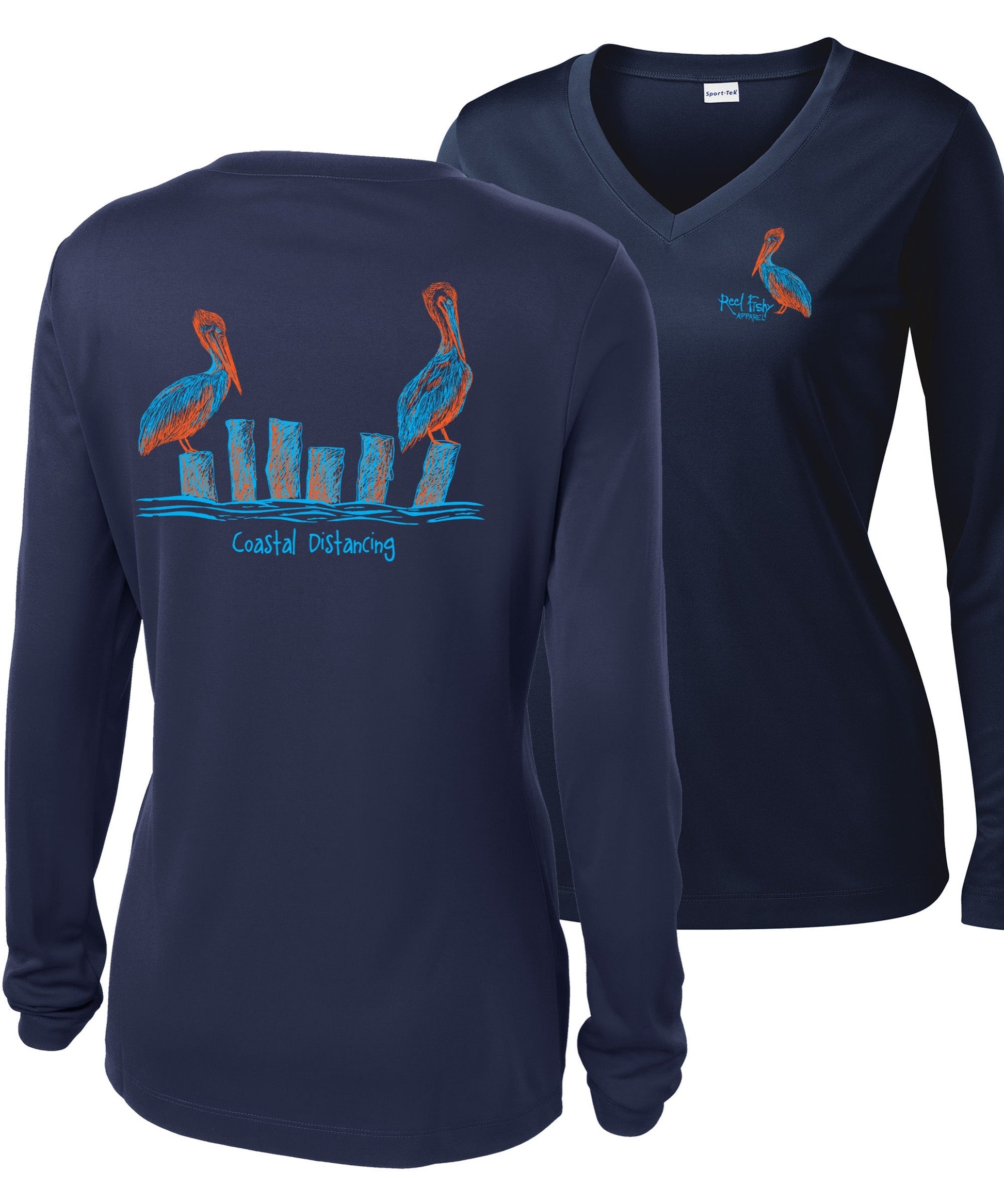 Ladies Pelicans Costal Distancing Performance V-neck Navy Long Sleeve