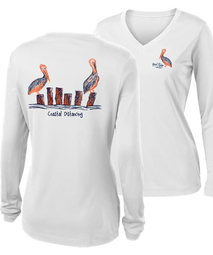 Ladies Pelicans Costal Distancing Performance V-neck White Long Sleeve