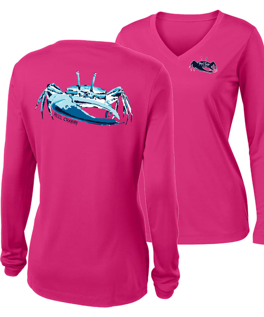 Women’s pink long sleeve performance sun shirt with 50+ UPF, V-neck, fiddler crab design on back, and Reel Fishy fiddler crab logo on front