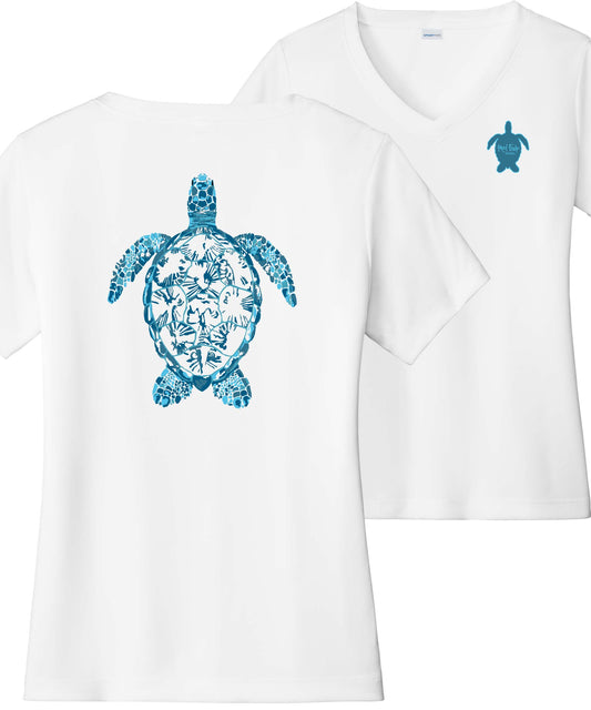 Women’s white short sleeve performance sun shirt with 50+ UPF, V-neck,colorful turtle design on back, and Reel Fishy turtle logo on front