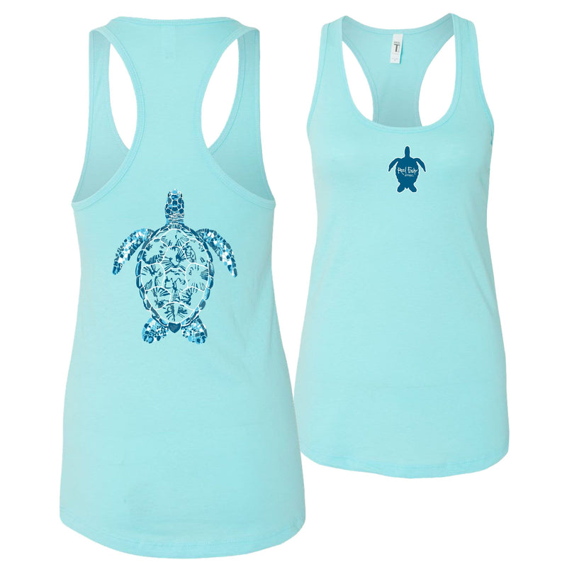 Women's aqua blue racerback tank top with sea turtle design, Reel Fishy turtle logo on front, lightweight cotton blend fabric.