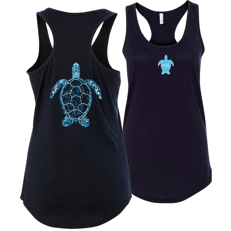 Women's navy racerback tank top with sea turtle design, Reel Fishy turtle logo on front, lightweight cotton blend fabric