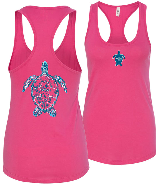 Women's pink racerback tank top with sea turtle design, Reel Fishy turtle logo on front, lightweight cotton blend fabric