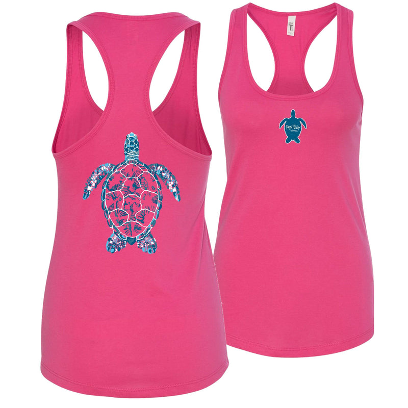Women's pink racerback tank top with sea turtle design, Reel Fishy turtle logo on front, lightweight cotton blend fabric