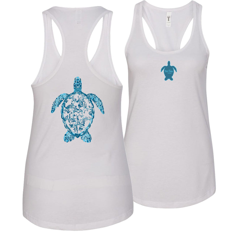 Women's white racerback tank top with sea turtle design, Reel Fishy turtle logo on front, lightweight cotton blend fabric