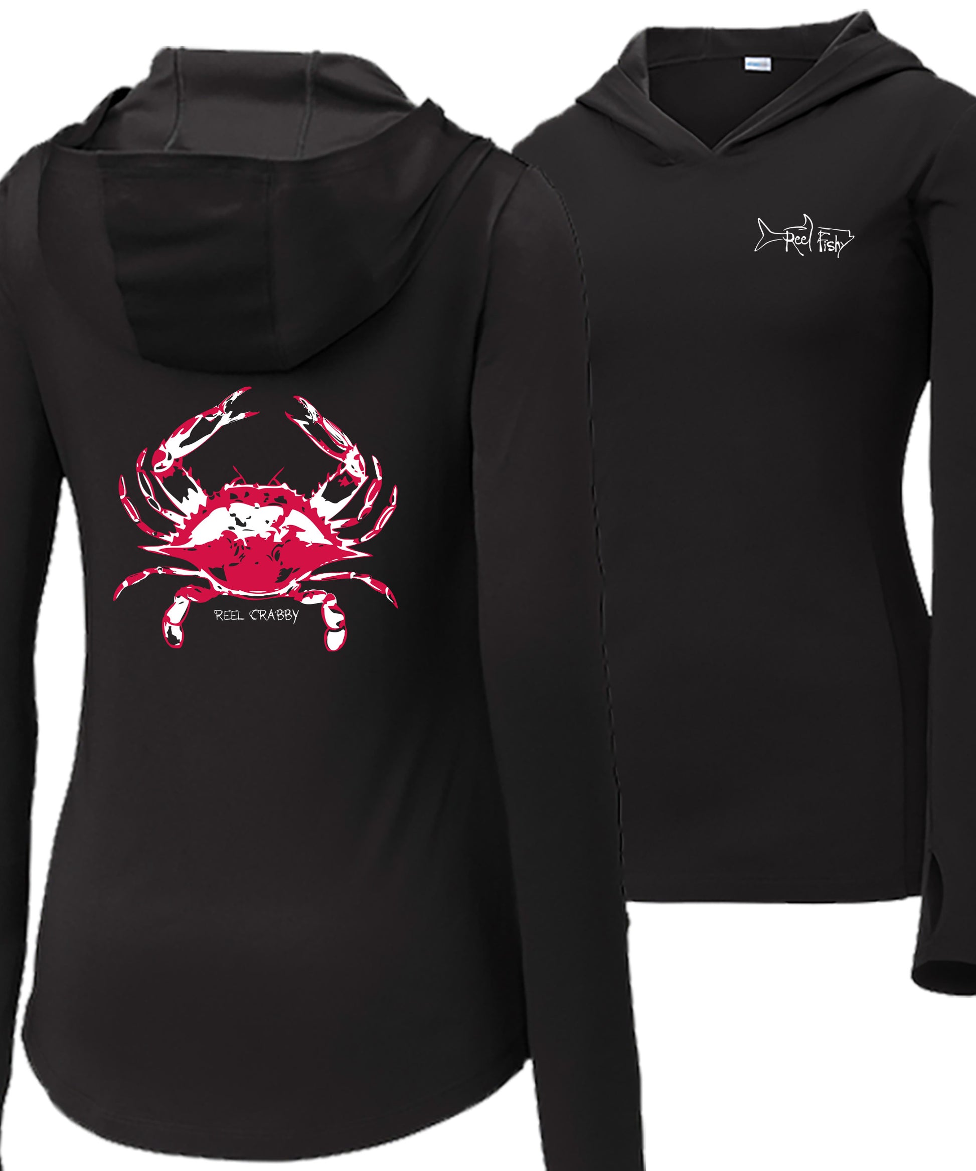Women’s black long sleeve dry-fit performance fishing hoodie with 50+ UPF sun protection, thumb holes, Reel Crabby blue crab design, and Reel Fishy Tarpon logo on front.