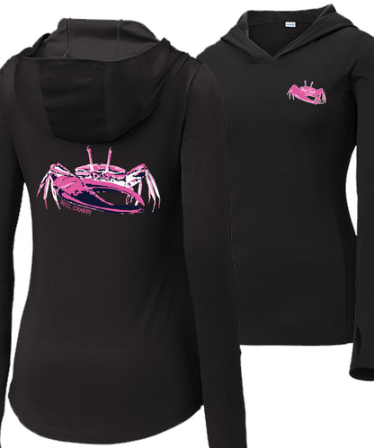 Women’s black long sleeve performance sun hoodie with 50+ UPF, thumb holes, fiddler crab  graphic on back, and Reel Fishy logo on front.
