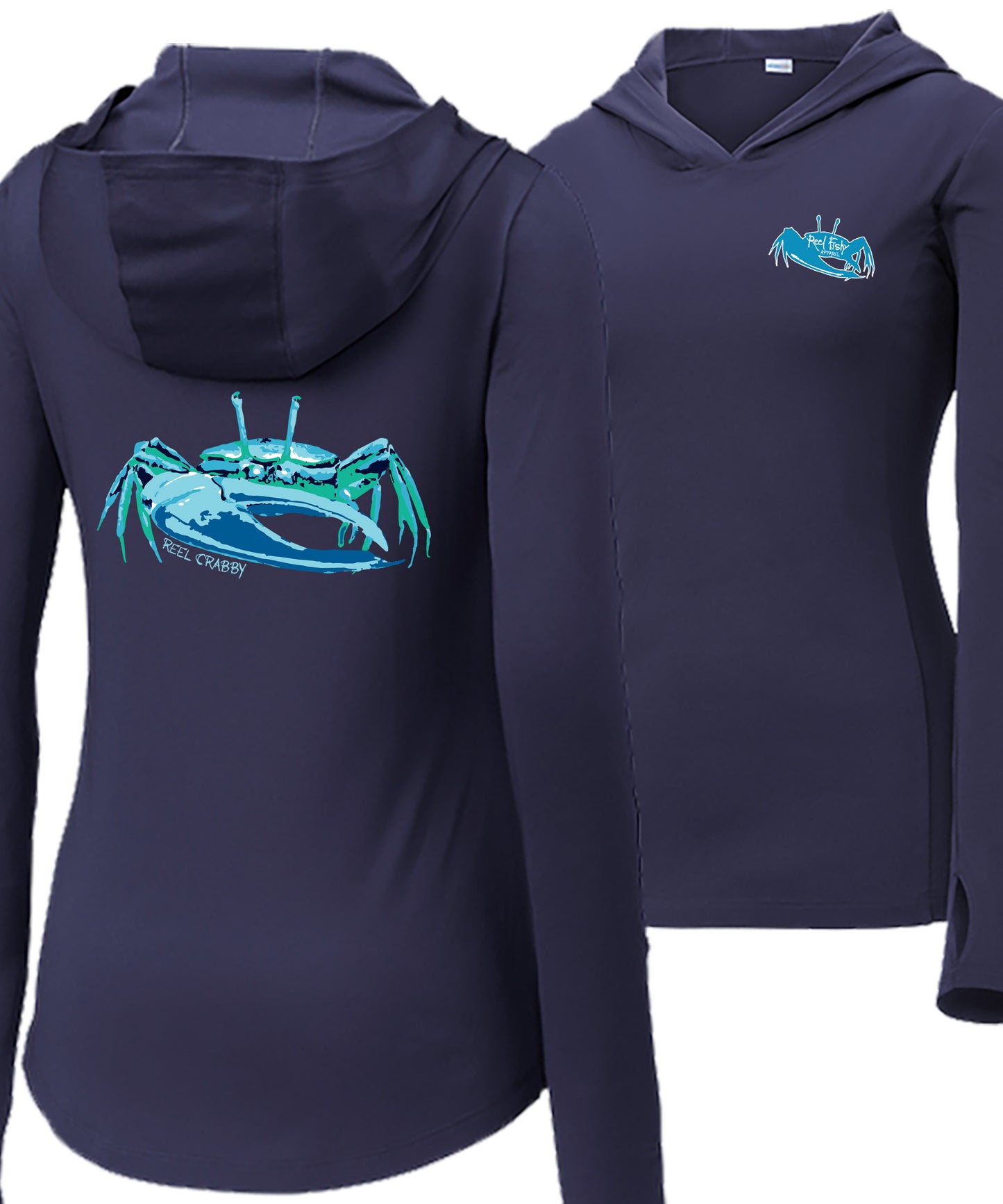 Women’s navy long sleeve performance sun hoodie with 50+ UPF, thumb holes, fiddler crab  graphic on back, and Reel Fishy logo on front.