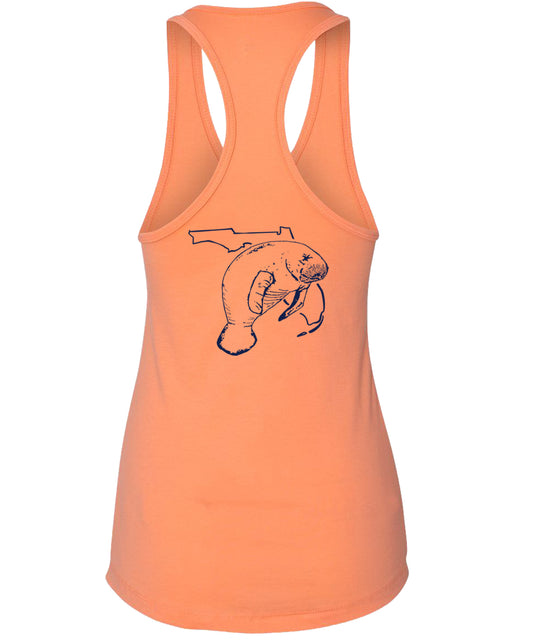 Women's light orange racerback tank top with Florida manatee design, Reel Fishy Florida logo on front, lightweight cotton blend fabric
