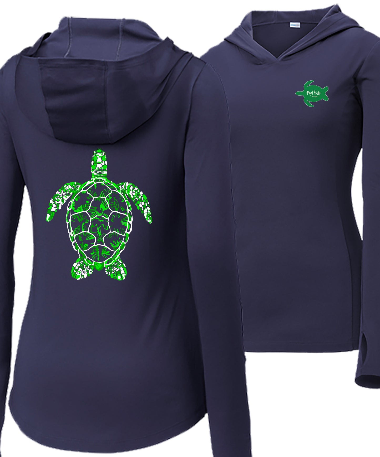 Women’s navy long sleeve performance sun hoodie with 50+ UPF, thumb holes, colorful Turtle graphic on back, and Reel Fishy Turtle logo on front.