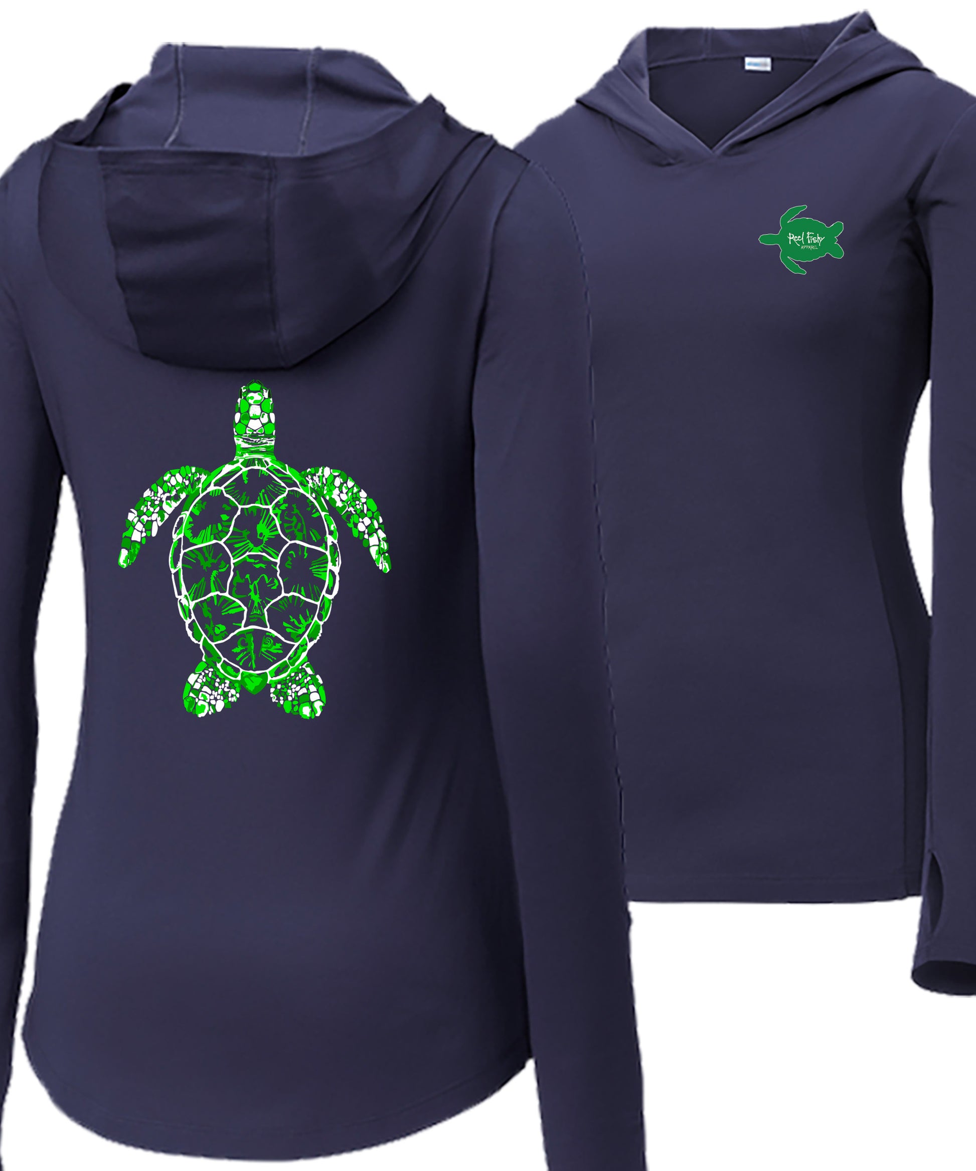 Women’s navy long sleeve performance sun hoodie with 50+ UPF, thumb holes, colorful Turtle graphic on back, and Reel Fishy Turtle logo on front.