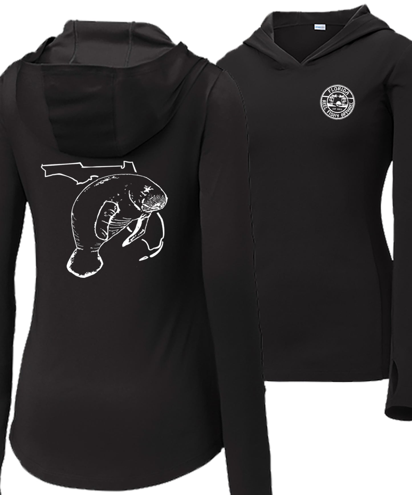 Women’s black long sleeve performance sun hoodie with 50+ UPF, thumb holes, manatee and Florida graphic on back, and Reel Fishy logo on front.