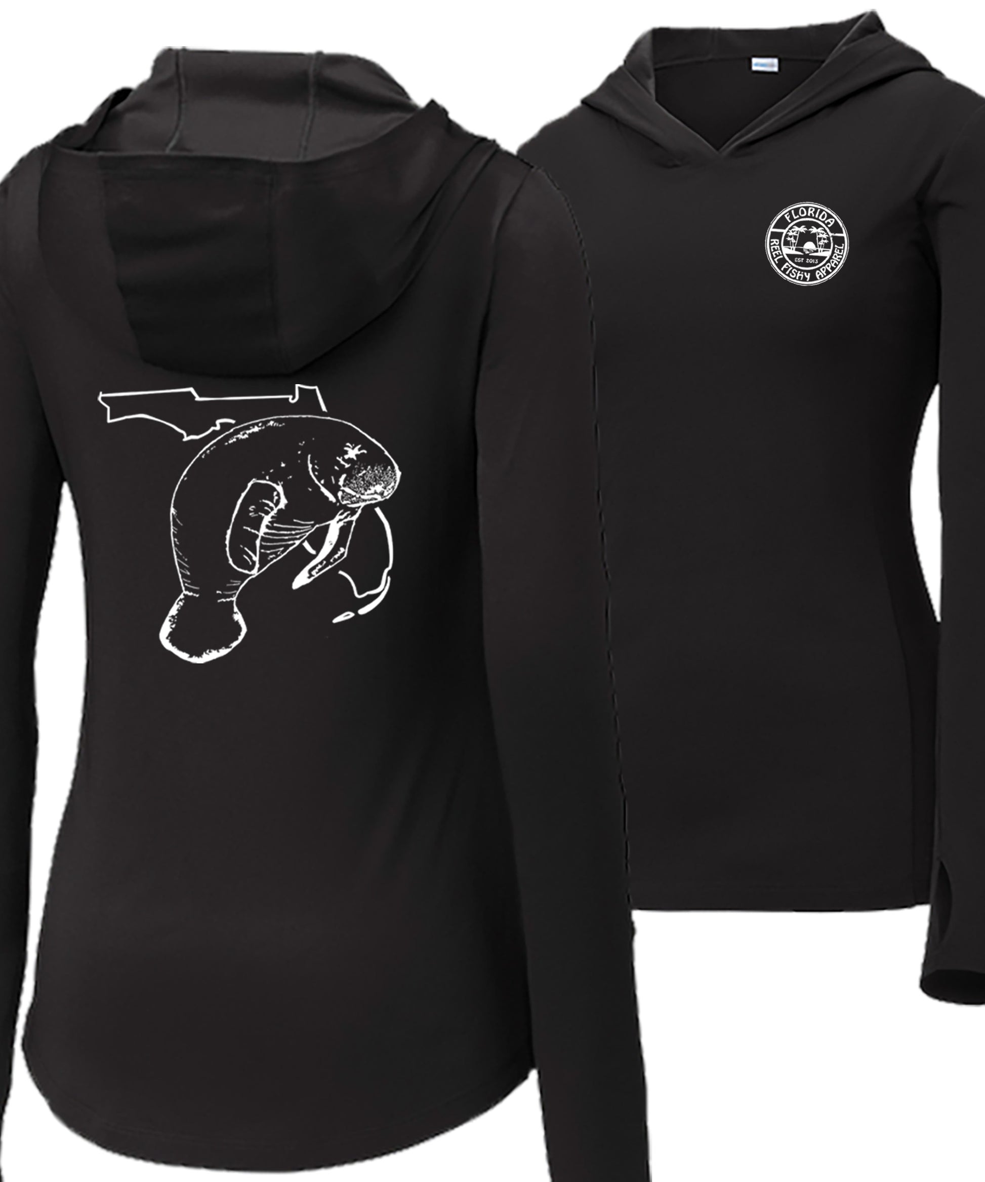 Women’s black long sleeve performance sun hoodie with 50+ UPF, thumb holes, manatee and Florida graphic on back, and Reel Fishy logo on front.