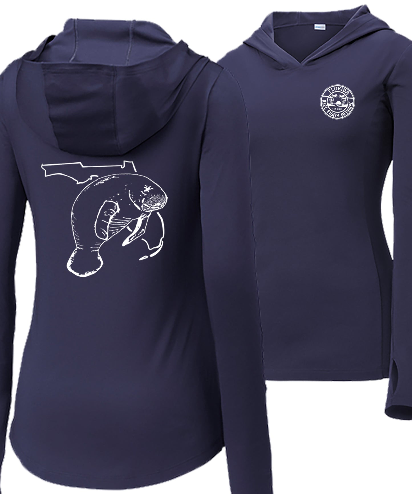 Women’s navy long sleeve performance sun hoodie with 50+ UPF, thumb holes, manatee and Florida graphic on back, and Reel Fishy logo on front.