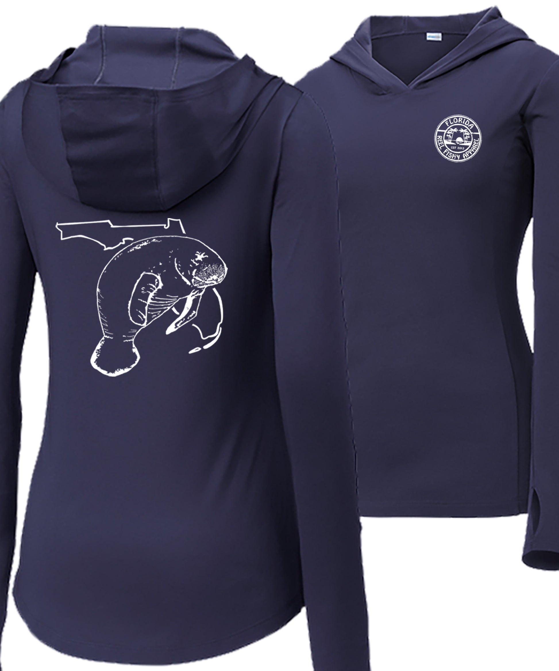 Women’s navy long sleeve performance sun hoodie with 50+ UPF, thumb holes, manatee and Florida graphic on back, and Reel Fishy logo on front.