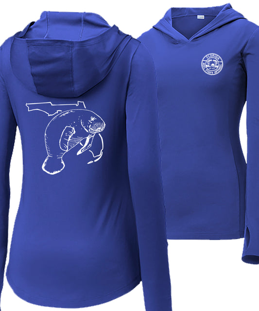 Women’s royal blue long sleeve performance sun hoodie with 50+ UPF, thumb holes, manatee and Florida graphic on back, and Reel Fishy logo on front.