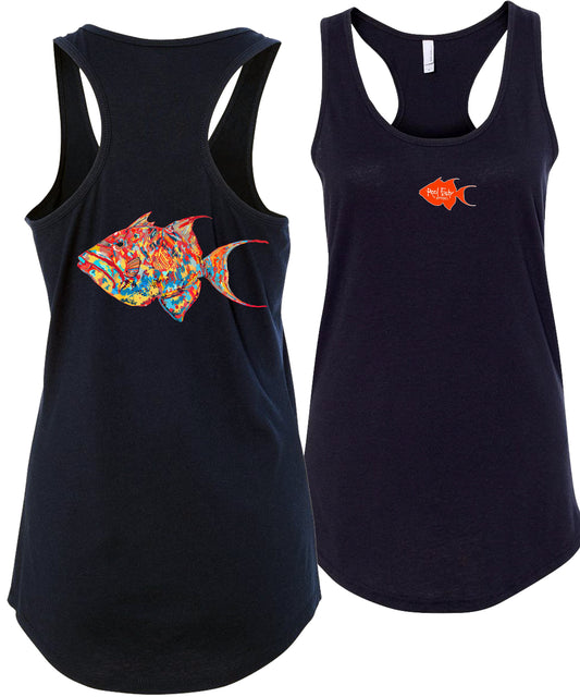 Women's navy blue racerback tank top with colorful triggerfish design, Reel Fishy triggerfish logo on front, lightweight cotton blend fabric