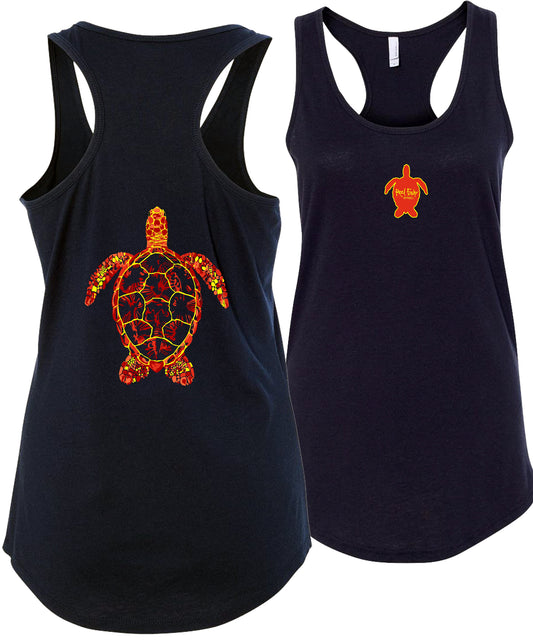 Women's navy racerback tank top with sea turtle design, Reel Fishy turtle logo on front, lightweight cotton blend fabric