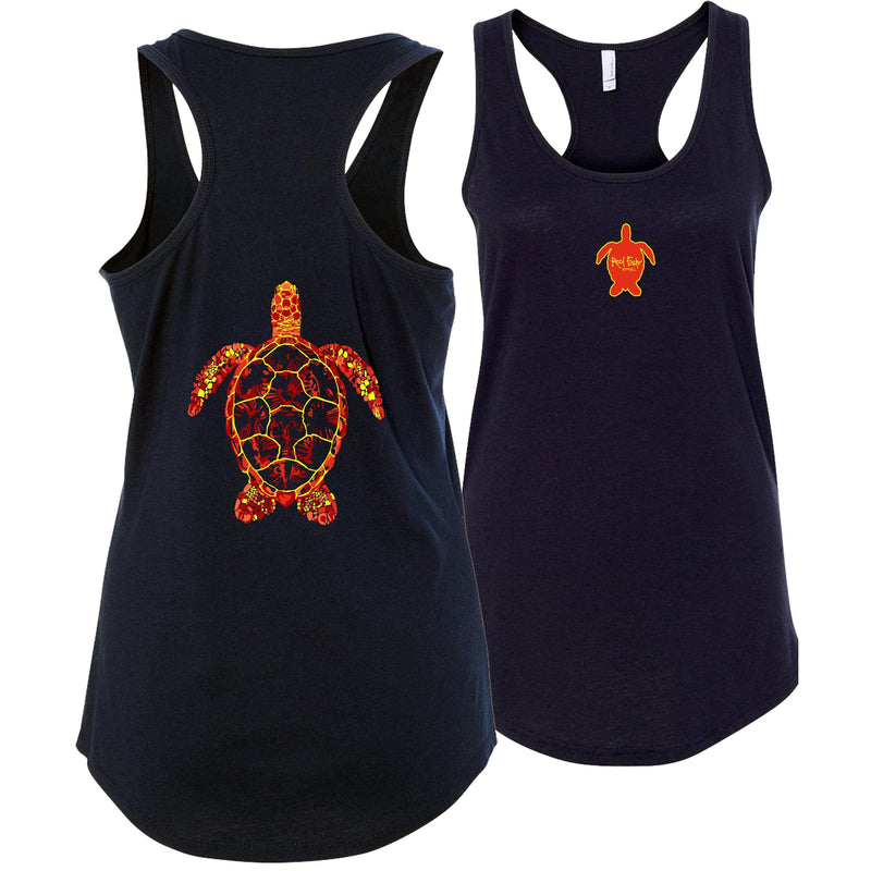 Women's navy racerback tank top with sea turtle design, Reel Fishy turtle logo on front, lightweight cotton blend fabric