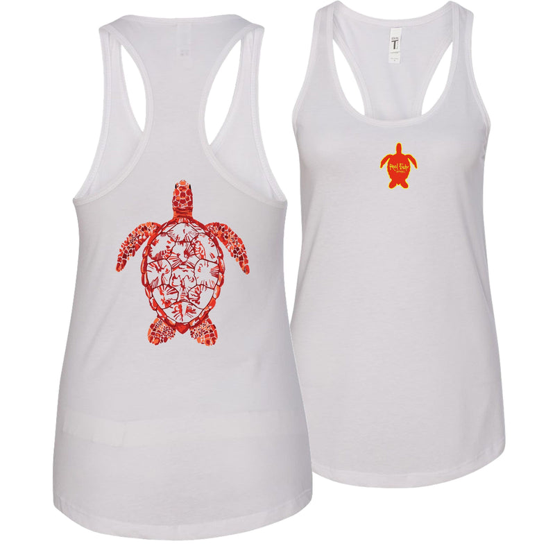 Women's white racerback tank top with sea turtle design, Reel Fishy turtle logo on front, lightweight cotton blend fabric.
