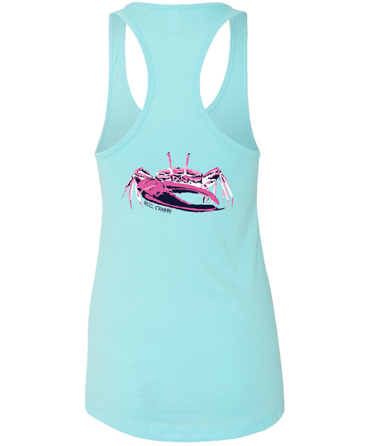 Women's aqua blue racerback tank top with fiddler crab design on the back, Reel Fishy fiddler crab logo on front, lightweight cotton blend fabric