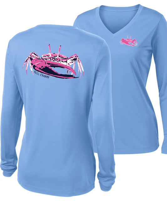 Women’s light blue long sleeve performance sun shirt with 50+ UPF, V-neck, fiddler crab design on back, and Reel Fishy fiddler crab logo on front