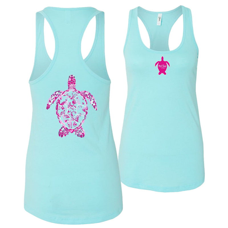 Women's aqua blue racerback tank top with sea turtle design, Reel Fishy turtle logo on front, lightweight cotton blend fabric