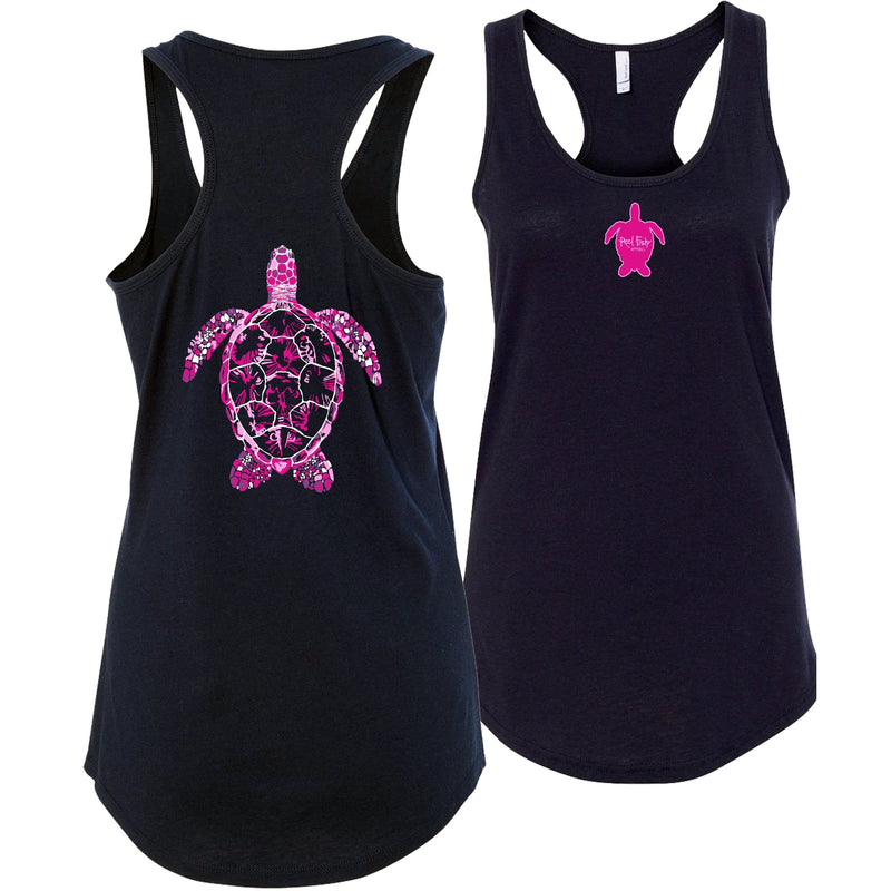 Women's navy racerback tank top with sea turtle design, Reel Fishy turtle logo on front, lightweight cotton blend fabric.
