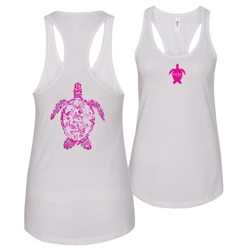 Women's  white racerback tank top with sea turtle design, Reel Fishy turtle logo on front, lightweight cotton blend fabric.