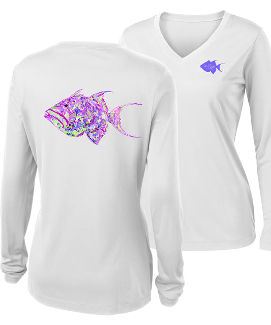 Women’s white V-neck long sleeve performance shirt with 50+ UPF, colorful triggerfish design on back, Reel Fishy logo on front.