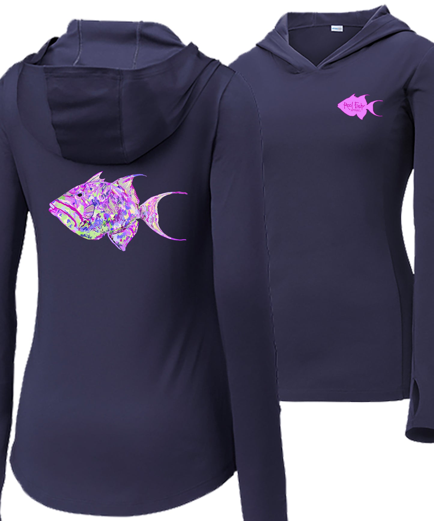 Women’s black long sleeve performance sun hoodie with 50+ UPF, thumb holes, colorful triggerfish design, and Reel Fishy logo.