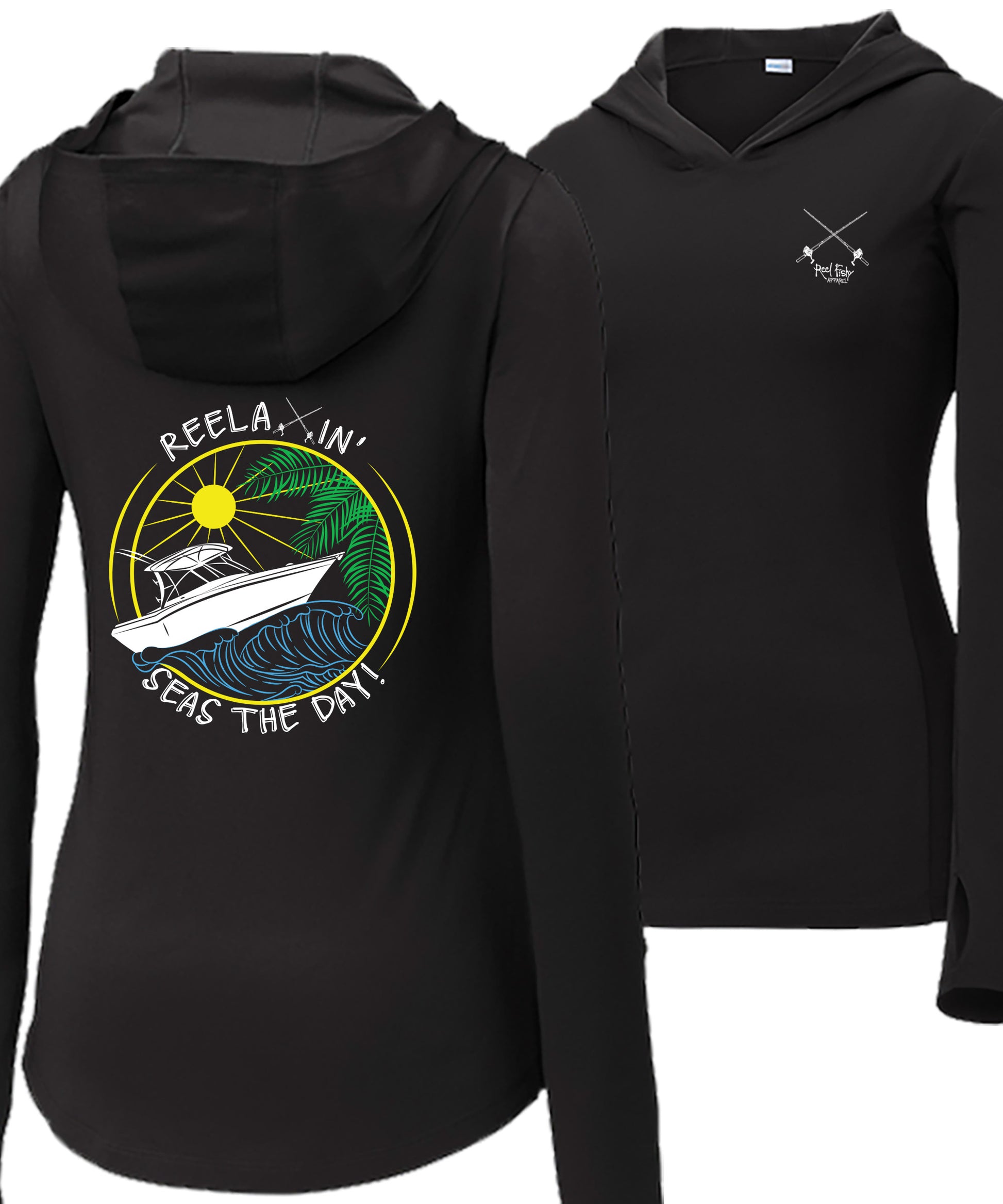 Women's black long sleeve fishing hoodie with thumb holes, fishing boat and Seas the Day graphic on back, and Reel Fishy salt fishing rods logo on front.