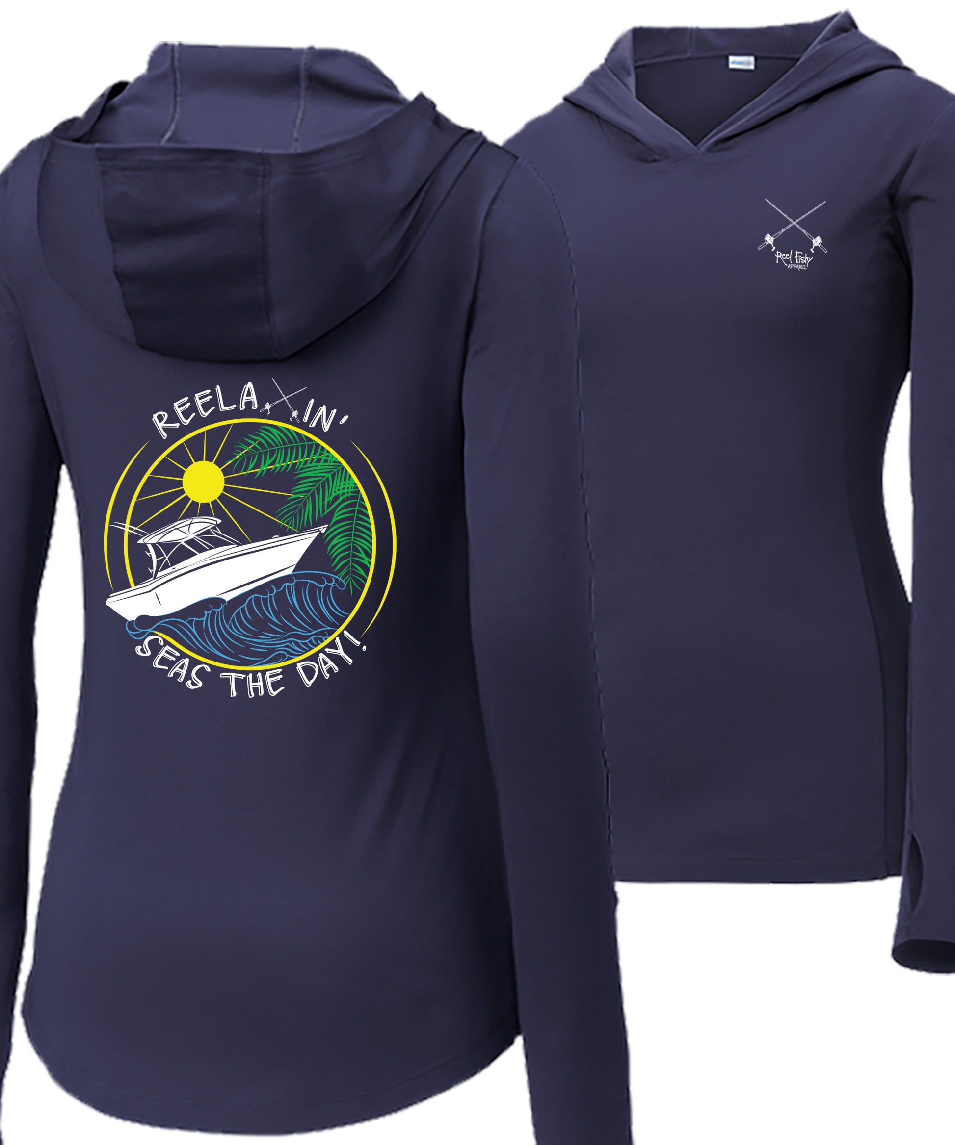Women’s navy long sleeve performance sun hoodie with 50+ UPF, thumb holes, fishing boat and Seas the Day graphic, and Reel Fishy salt fishing rods logo on front.