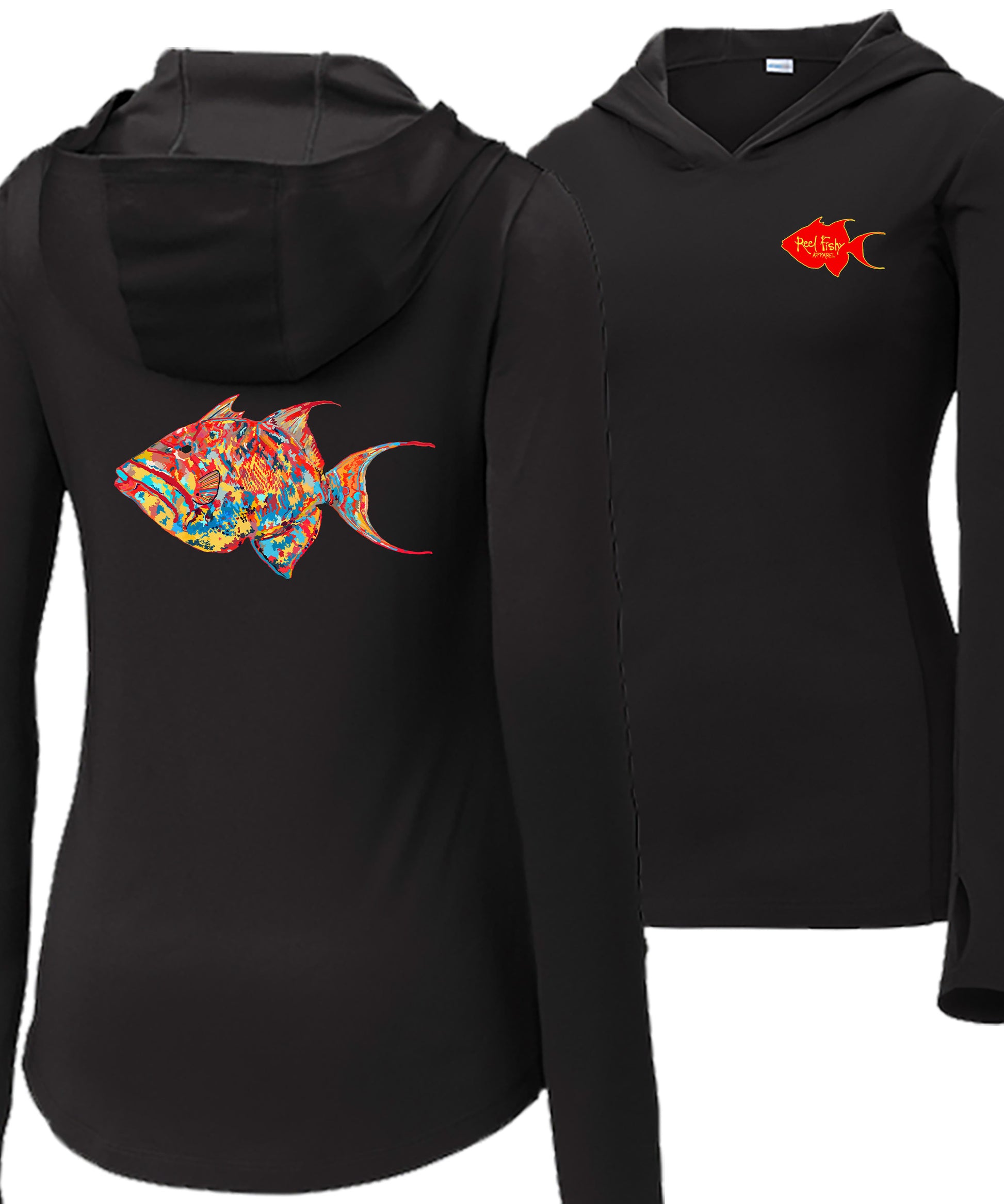 Women’s black long sleeve performance sun hoodie with 50+ UPF, thumb holes, colorful triggerfish design, and Reel Fishy logo.