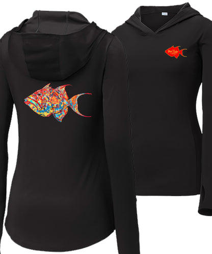 Women’s black long sleeve performance sun hoodie with 50+ UPF, thumb holes, colorful triggerfish design, and Reel Fishy logo.
