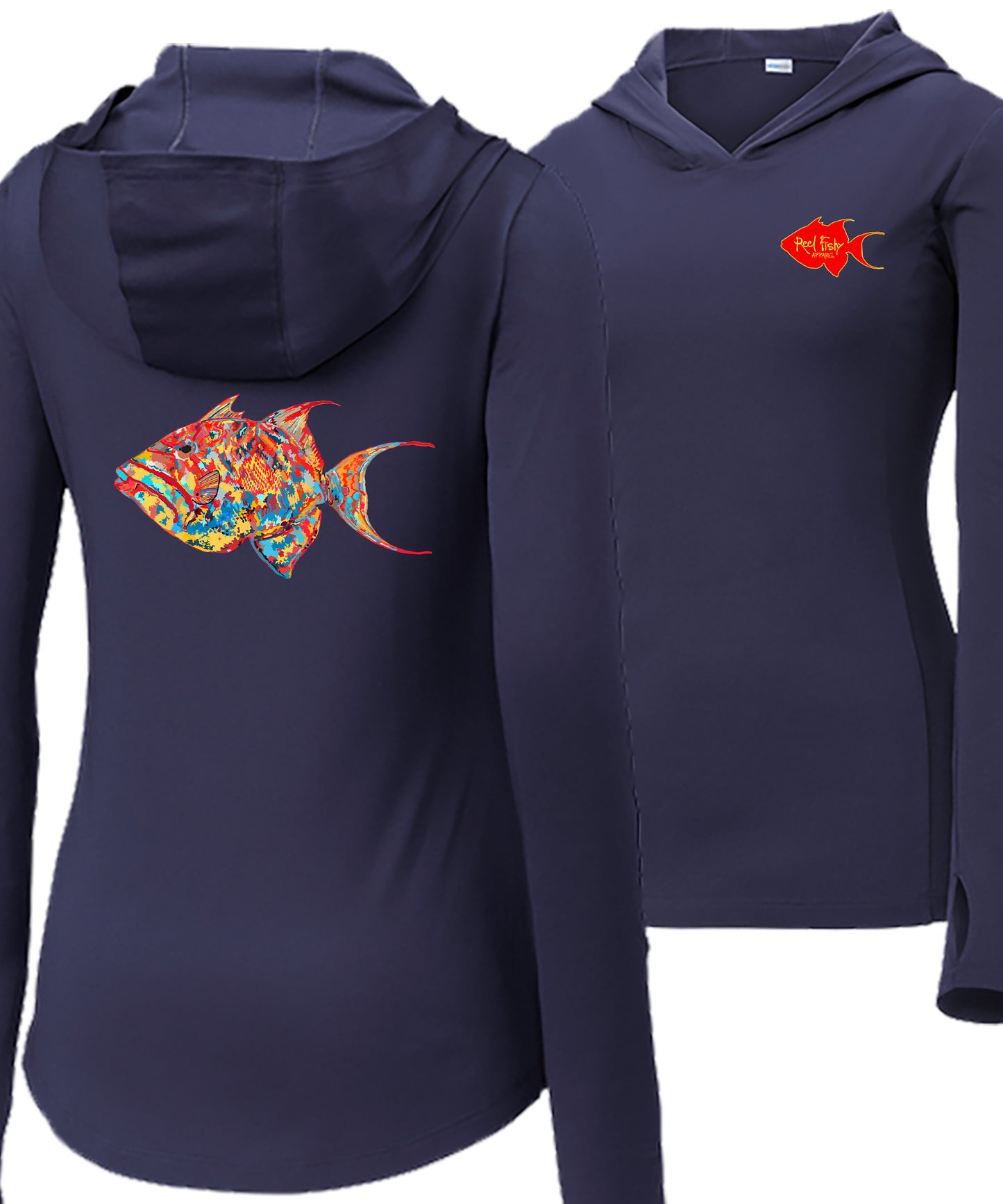 Women’s navy long sleeve performance sun hoodie with 50+ UPF, thumb holes, colorful triggerfish design, and Reel Fishy logo.