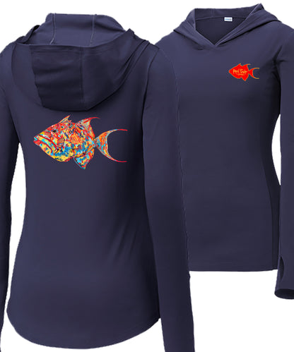 Women’s navy long sleeve performance sun hoodie with 50+ UPF, thumb holes, colorful triggerfish design, and Reel Fishy logo.