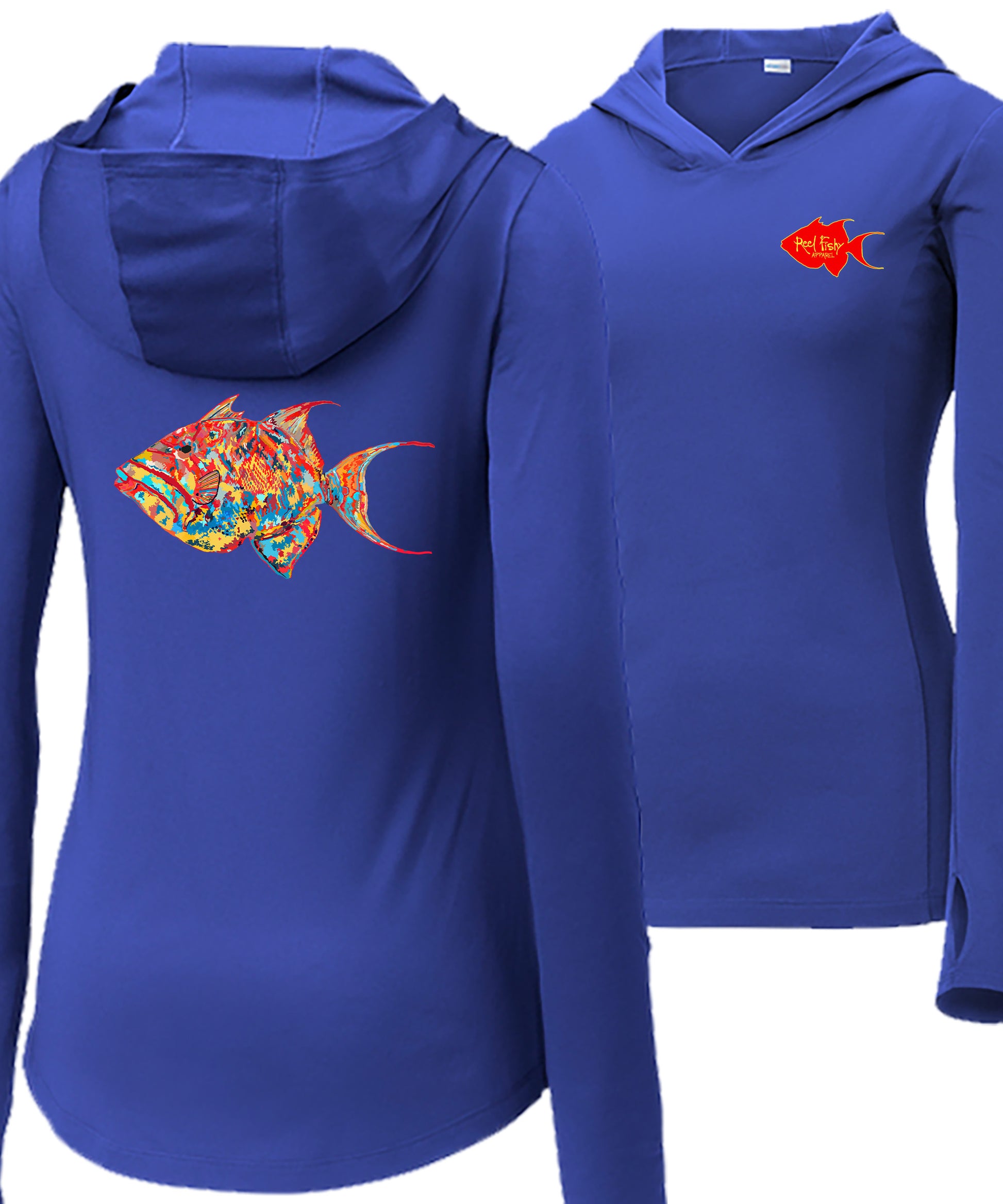 Women’s royal blue long sleeve performance sun hoodie with 50+ UPF, thumb holes, colorful triggerfish design, and Reel Fishy logo.